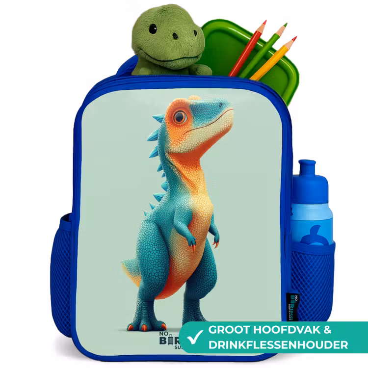 Stoere dino met grote ogen Kinderrugzak - Blauw middel -inhoud_NL