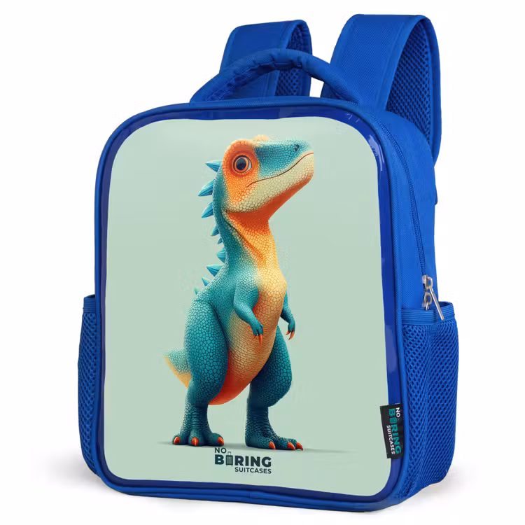 Stoere dino met grote ogen Kinderrugzak - Blauw middel -schuin