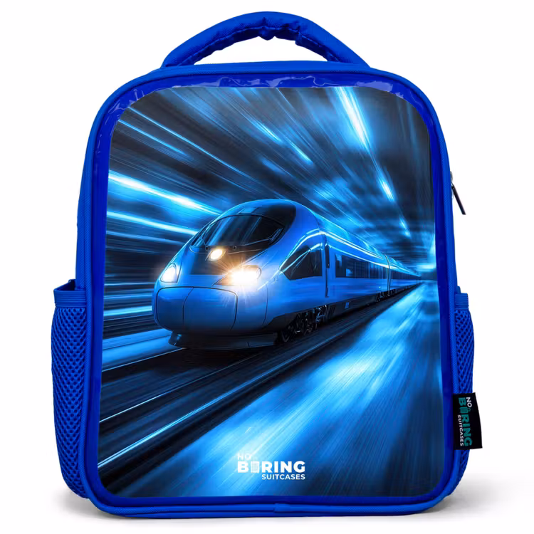 Supersnelle trein in neonblauwe tunnel Kinderrugzak - Blauw middel -3d