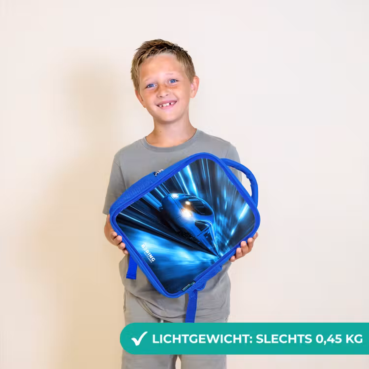Supersnelle trein in neonblauwe tunnel Kinderrugzak - Blauw middel -sfeer1_NL