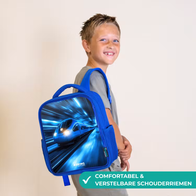 Supersnelle trein in neonblauwe tunnel Kinderrugzak - Blauw middel -sfeer3_NL