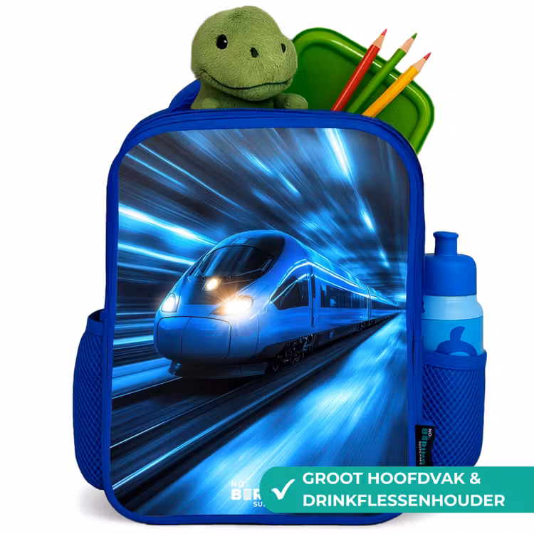 Supersnelle trein in neonblauwe tunnel Kinderrugzak - Blauw middel -inhoud_NL