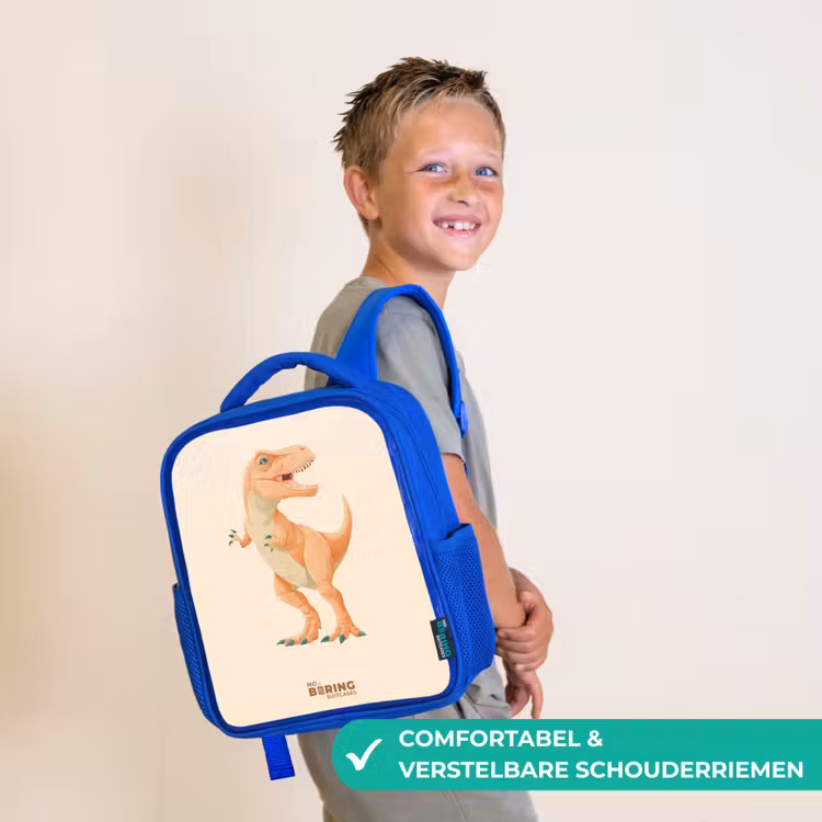 T-rex dino in oranje kleuren Kinderrugzak - Blauw middel -sfeer3_NL