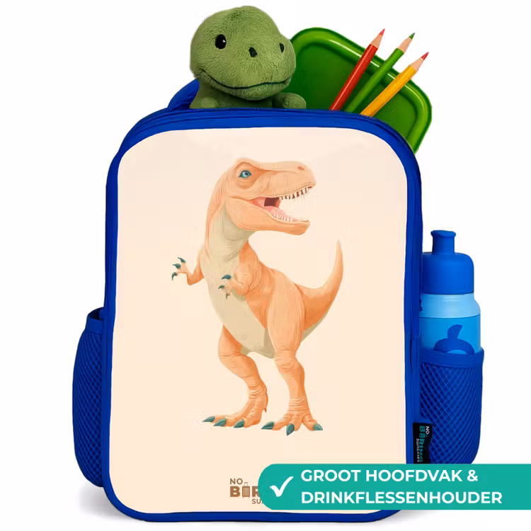 T-rex dino in oranje kleuren Kinderrugzak - Blauw middel -inhoud_NL