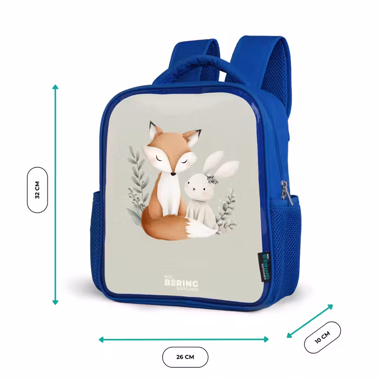 Vos en konijn omringd door groene blaadjes Kinderrugzak - Blauw middel -productfoto_formaten