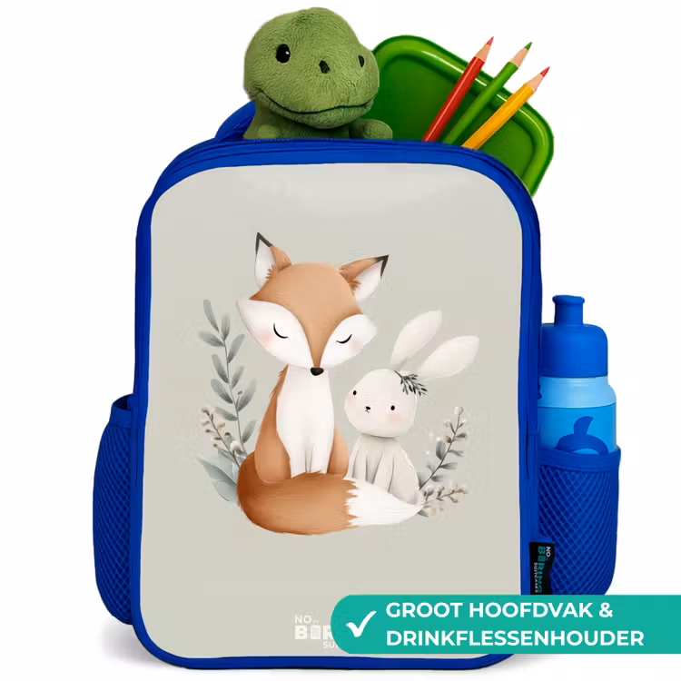 Vos en konijn omringd door groene blaadjes Kinderrugzak - Blauw middel -inhoud_NL