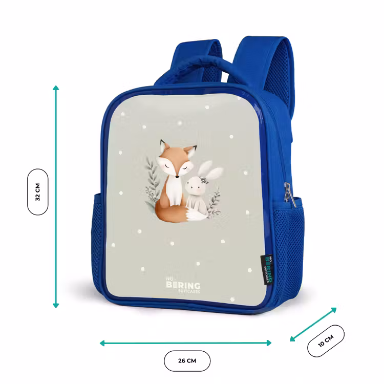 Vos en konijn omringd door groene blaadjes en stippen Kinderrugzak - Blauw middel -productfoto_formaten