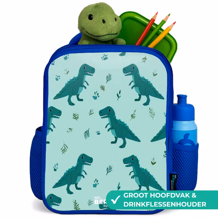 Vriendelijke T. rex tussen sporen Kinderrugzak - Blauw middel -inhoud_NL