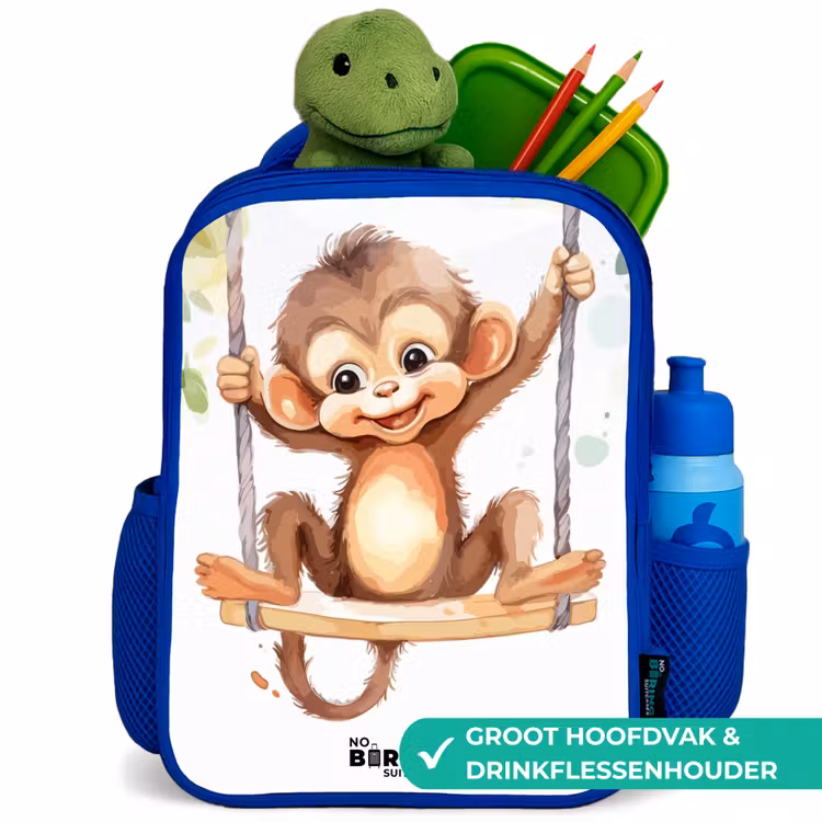 Vrolijk aapje op een schommel illustratie Kinderrugzak - Blauw middel -inhoud_NL