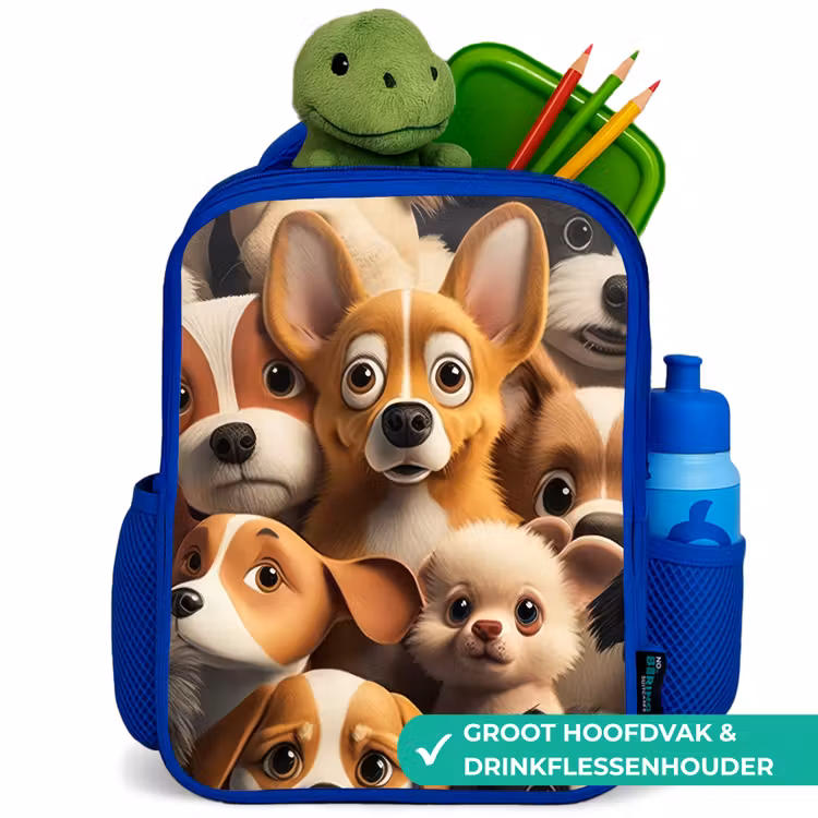 Vrolijke Hondjes Kinderrugzak - Blauw middel -inhoud_NL