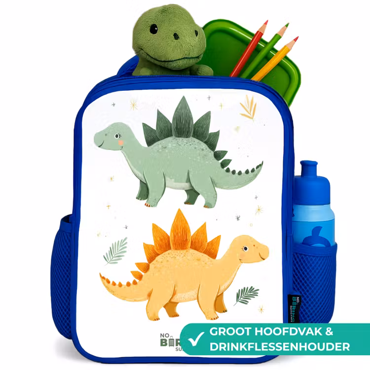 Vrolijke stegosaurusvrienden Kinderrugzak - Blauw middel -inhoud_NL