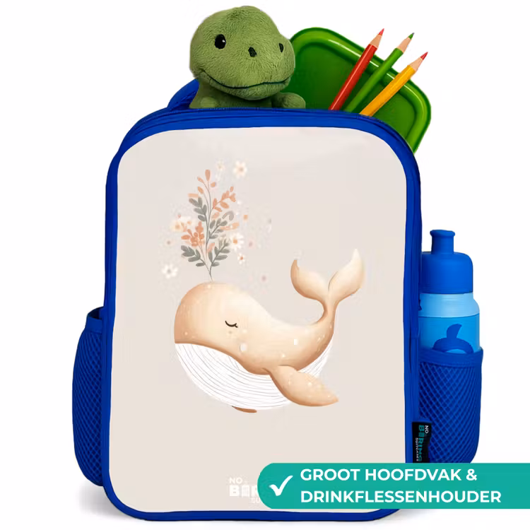 Walvis in pastel beige kleuren Kinderrugzak - Blauw middel -inhoud_NL