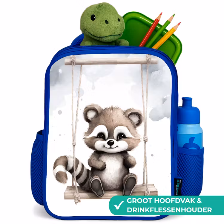 Wasbeer - Dier - Kinderen Kinderrugzak - Blauw middel -inhoud_NL