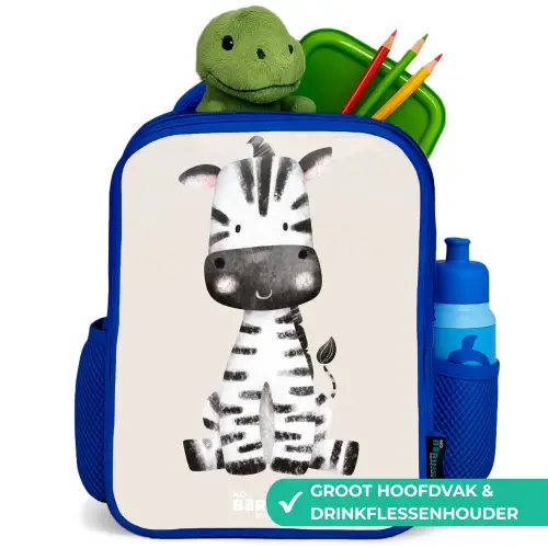 Zebra portrettekening met beige achtergrond Kinderrugzak - Blauw middel -inhoud_NL