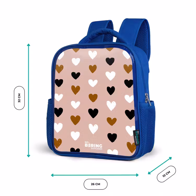 Zwart, wit en bruin hartjespatroon op oudroze achtergrond Kinderrugzak - Blauw middel -productfoto_formaten