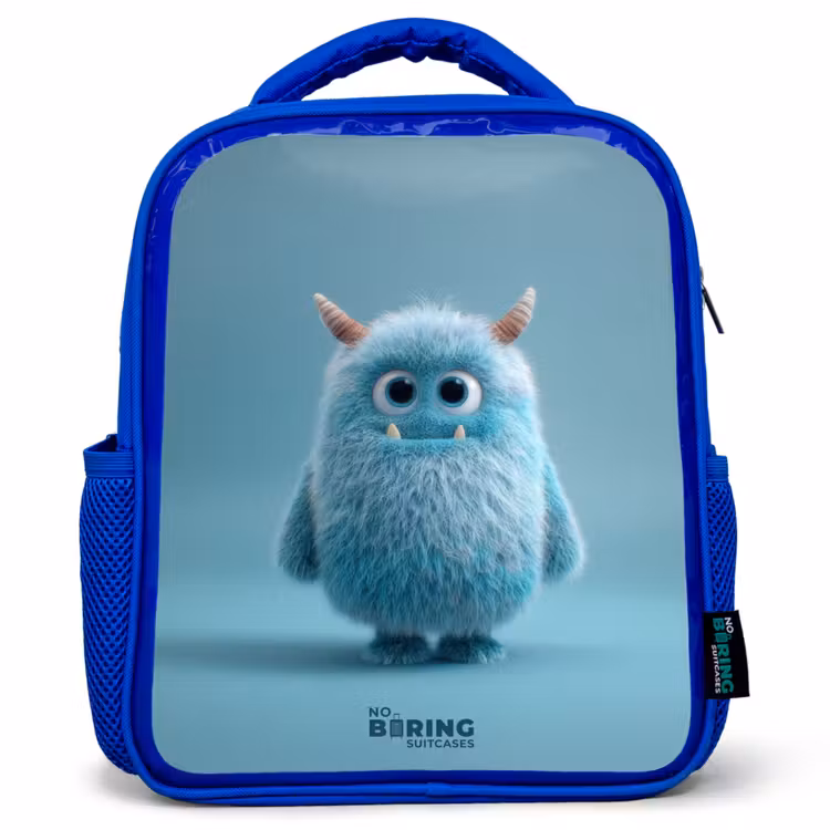 Blauw pluizig monster met hoorns Kinderrugzak - Blauw middel -3d