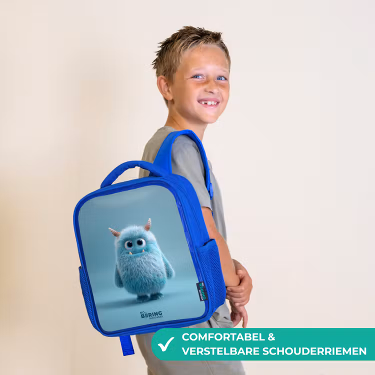 Blauw pluizig monster met hoorns Kinderrugzak - Blauw middel -sfeer3_NL