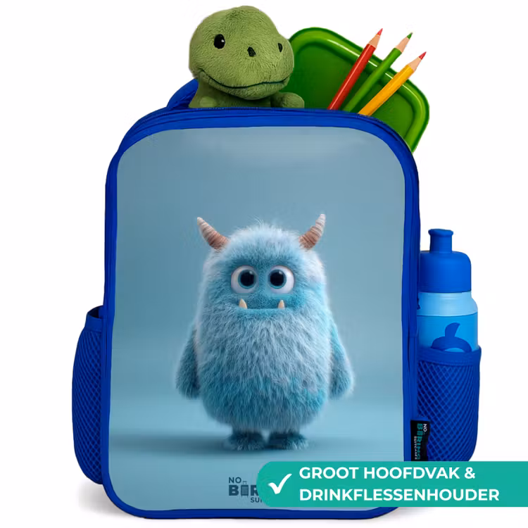 Blauw pluizig monster met hoorns Kinderrugzak - Blauw middel -inhoud_NL