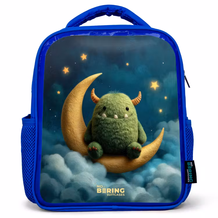 Groen monster op maansikkel Kinderrugzak - Blauw middel -3d