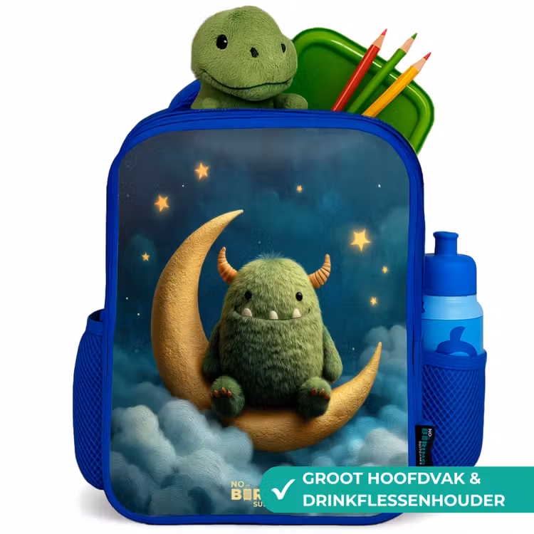 Groen monster op maansikkel Kinderrugzak - Blauw middel -inhoud_NL