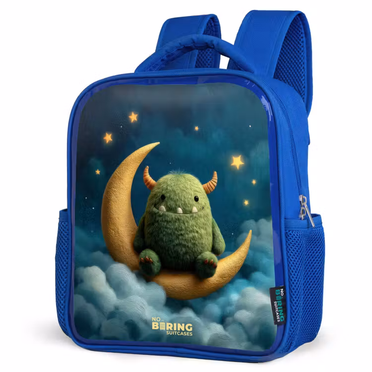 Groen monster op maansikkel Kinderrugzak - Blauw middel -schuin