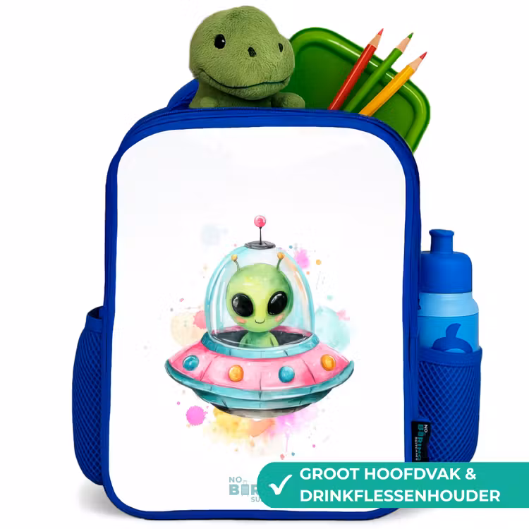 Groene alien in kleurrijke UFO Kinderrugzak - Blauw middel -inhoud_NL