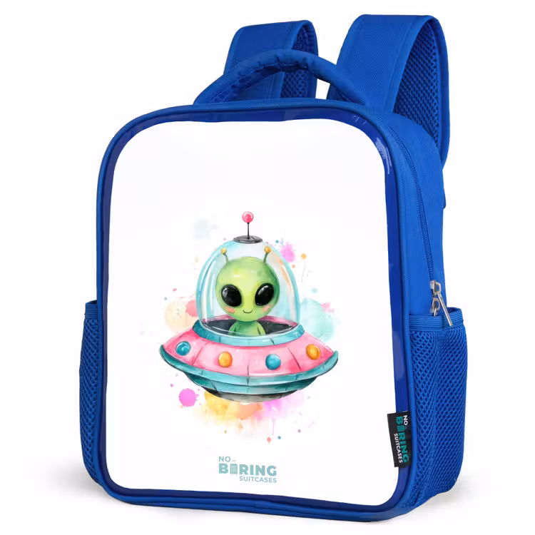 Groene alien in kleurrijke UFO Kinderrugzak - Blauw middel -schuin
