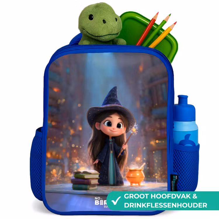 Kleine tovernares in bibliotheek Kinderrugzak - Blauw middel -inhoud_NL