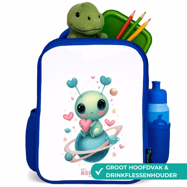 Lief buitenaards wezentje met hartje Kinderrugzak - Blauw middel -inhoud_NL
