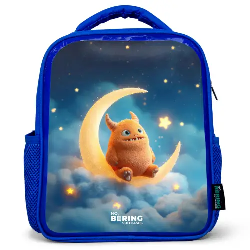 Oranje monster op maansikkel Kinderrugzak - Blauw middel -3d