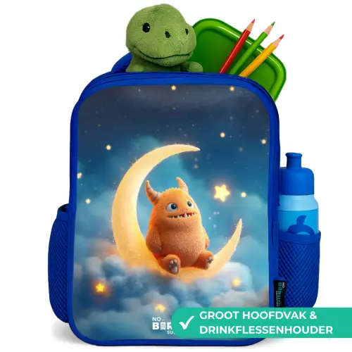 Oranje monster op maansikkel Kinderrugzak - Blauw middel -inhoud_NL