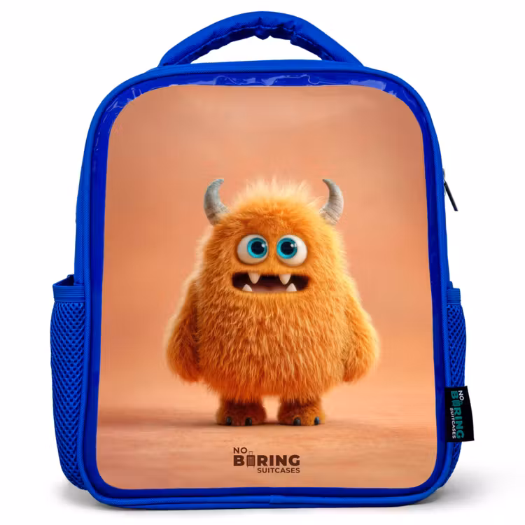 Oranje Pluizig Monster met Hoorns Kinderrugzak - Blauw middel -3d