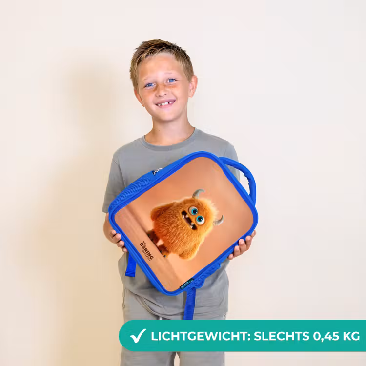 Oranje Pluizig Monster met Hoorns Kinderrugzak - Blauw middel -sfeer1_NL