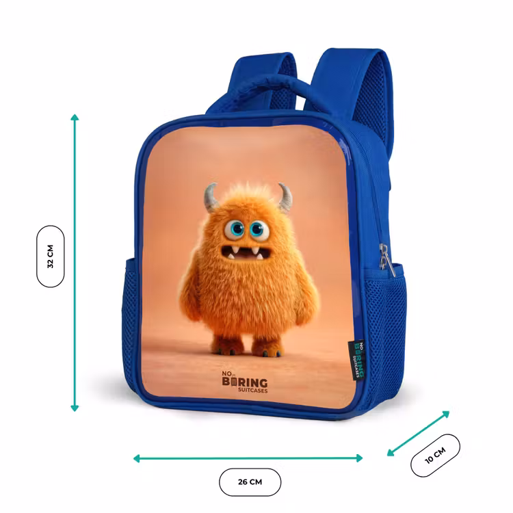Oranje Pluizig Monster met Hoorns Kinderrugzak - Blauw middel -productfoto_formaten