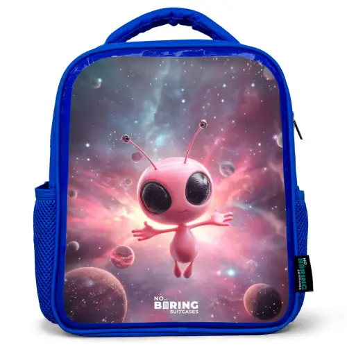 Roze Alien in Sterrennevel Kinderrugzak - Blauw middel -3d