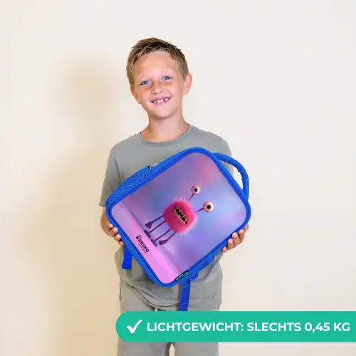 Roze harig monster met grote ogen Kinderrugzak - Blauw middel -sfeer1_NL