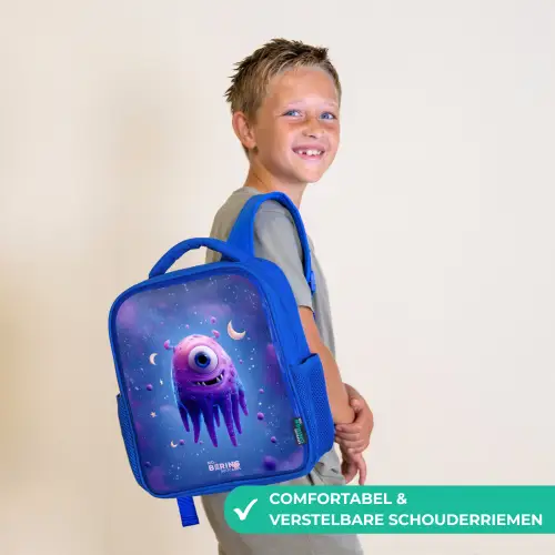 Vrolijk paarsoog in de ruimte Kinderrugzak - Blauw middel -sfeer3_NL
