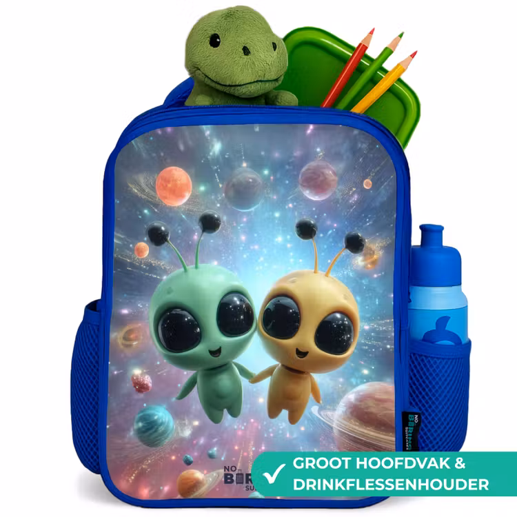 Vrolijke buitenaardse vrienden Kinderrugzak - Blauw middel -inhoud_NL