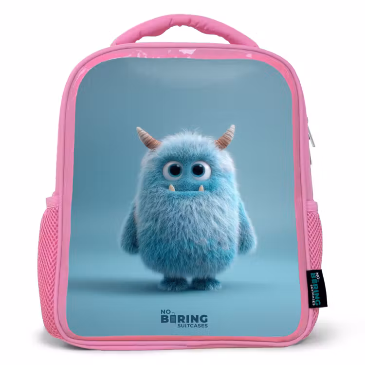 Blauw pluizig monster met hoorns Kinderrugzak - Roze middel -3d
