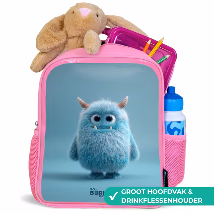 Blauw pluizig monster met hoorns Kinderrugzak - Roze middel -inhoud_NL