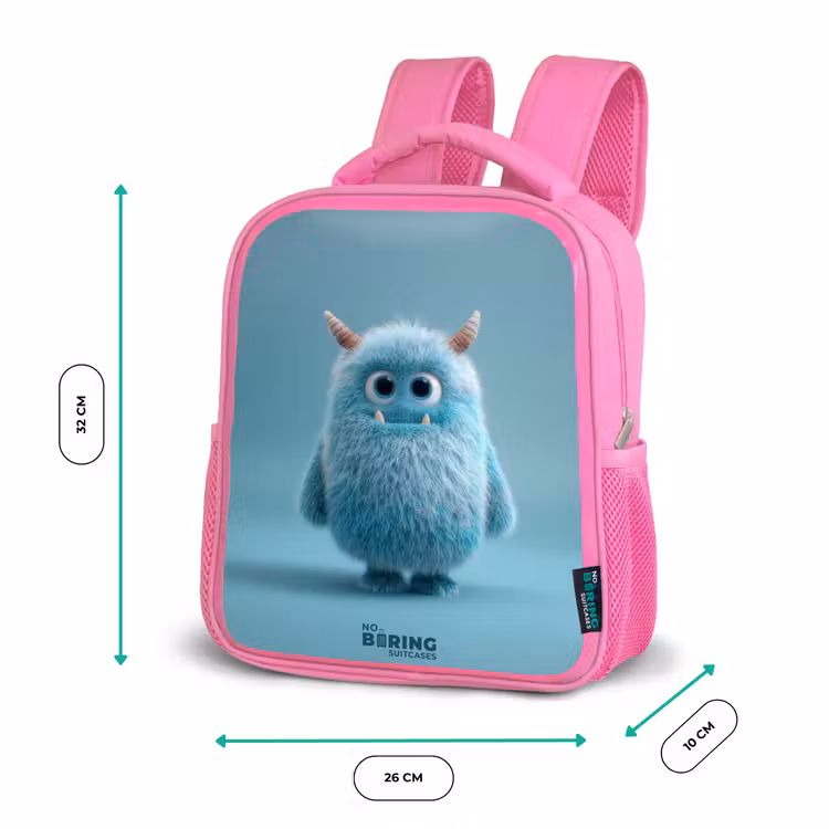 Blauw pluizig monster met hoorns Kinderrugzak - Roze middel -productfoto_formaten