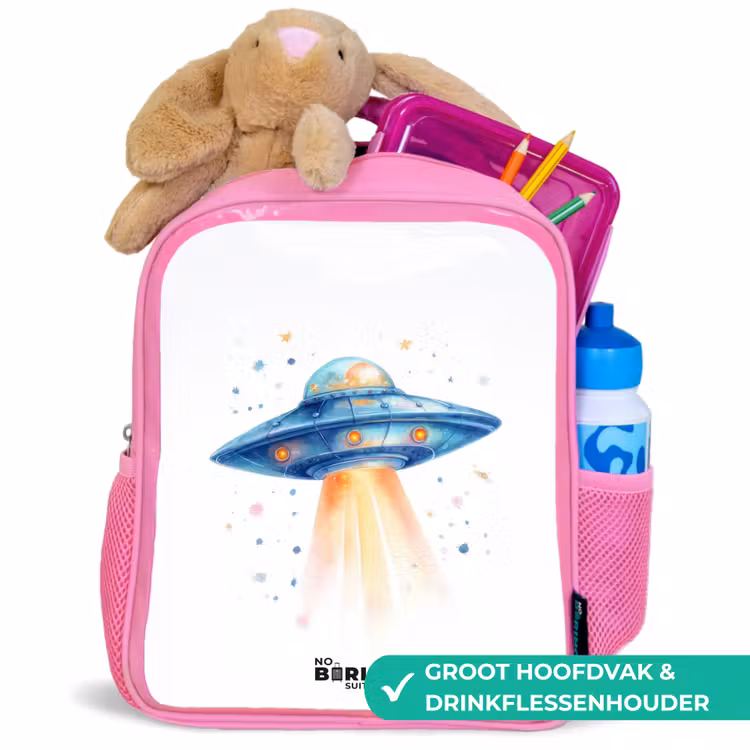 Blauw ruimteschip met lichtstraal Kinderrugzak - Roze middel -inhoud_NL