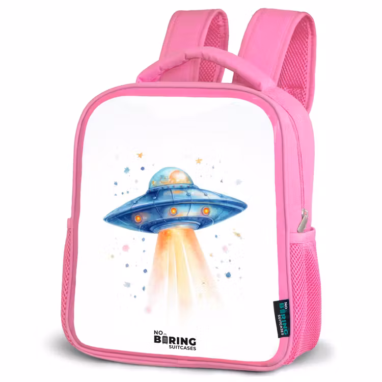 Blauw ruimteschip met lichtstraal Kinderrugzak - Roze middel -schuin