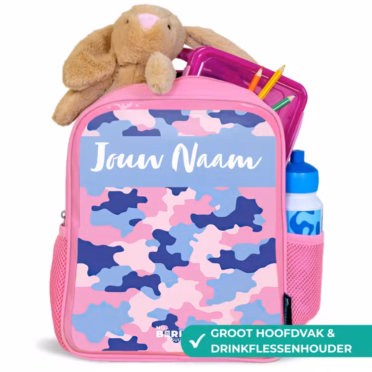 Camouflage - Roze - Blauw Kinderrugzak - Roze middel -inhoud_NL