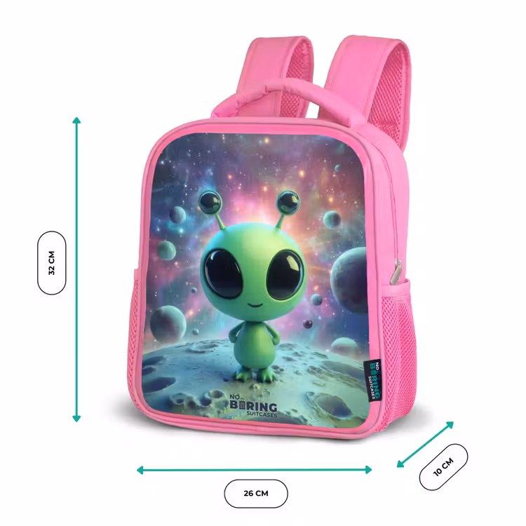 Groen buitenaards wezentje op maanlandschap Kinderrugzak - Roze middel -productfoto_formaten