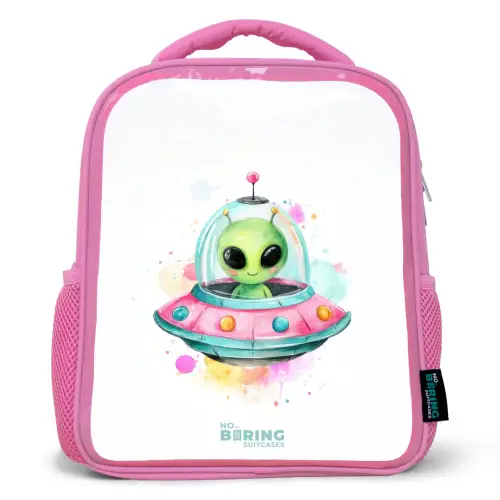 Groene alien in kleurrijke UFO Kinderrugzak - Roze middel -3d