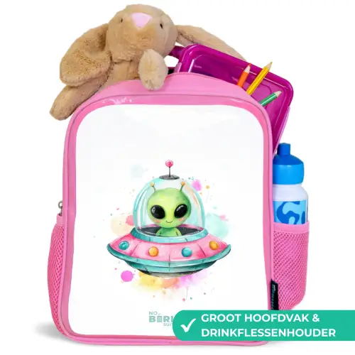 Groene alien in kleurrijke UFO Kinderrugzak - Roze middel -inhoud_NL