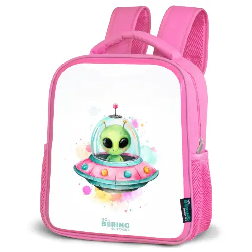 Groene alien in kleurrijke UFO Kinderrugzak - Roze middel -schuin