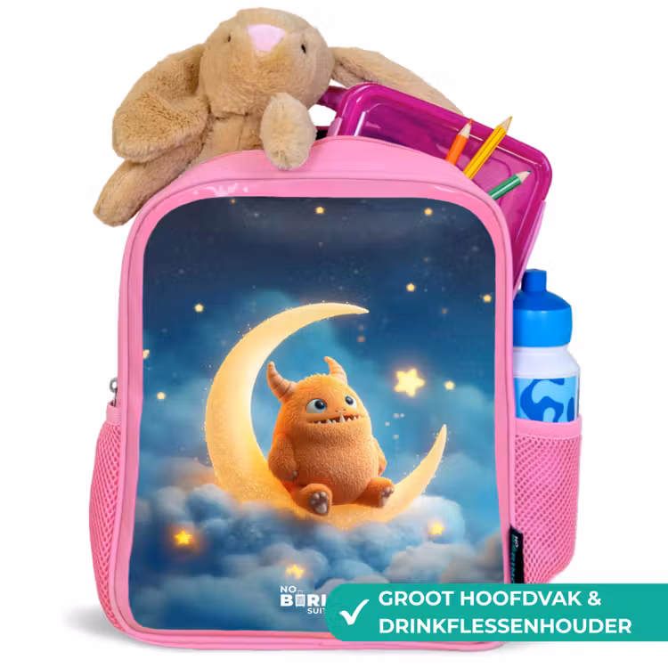 Oranje monster op maansikkel Kinderrugzak - Roze middel -inhoud_NL
