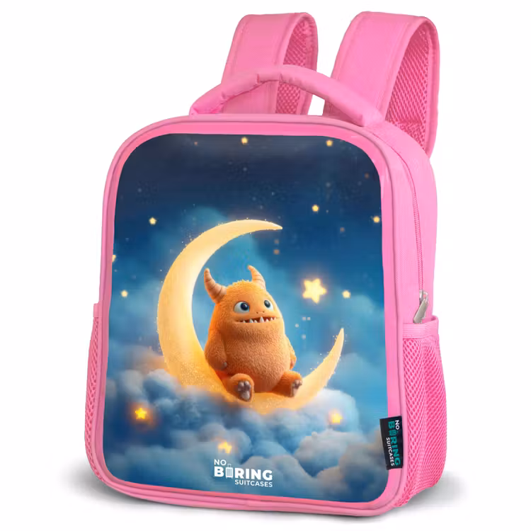 Oranje monster op maansikkel Kinderrugzak - Roze middel -schuin